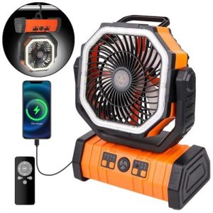 Ventilador Portátil de Camping Recarregável USB com Luminária LED Ring Light, Power Bank e Controle Remoto – Gancho Embutido para Barraca
