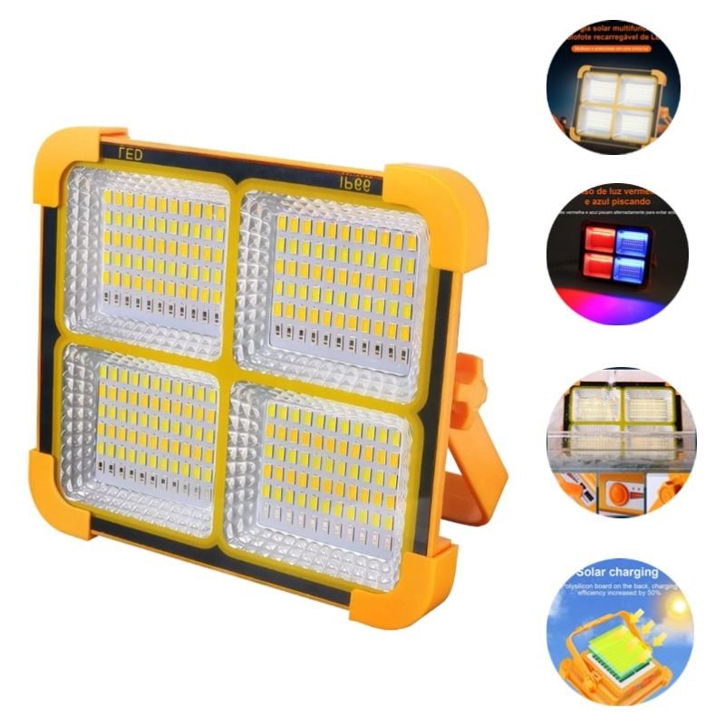 Refletor LED Solar Portátil Recarregável 4 Módulos IP66 – Holofote de Emergência Multifuncional com Sinalização Vermelha e Azul - Image 2