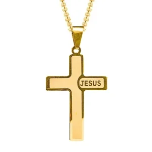 Colar Masculino Corrente de Aço Inoxidável Banhado a Ouro com Pingente Cruz Latina e Nome JESUS – Joia Religiosa Minimalista e Elegante