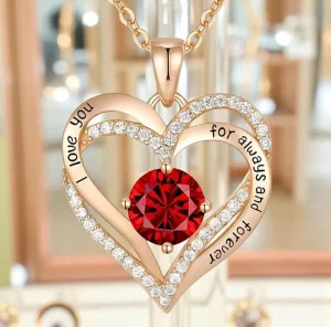 Colar Feminino Corrente Banhada a Ouro Rosé com Pingente Coração Duplo Entrelaçado, Cristal Rubi Vermelho e Gravação "I Love You For Always And Forever" – Joia Romântica de Luxo
