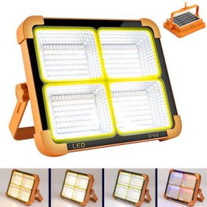 Refletor LED Solar Portátil Recarregável 4 Módulos IP66 – Holofote de Emergência Multifuncional com Sinalização Vermelha e Azul