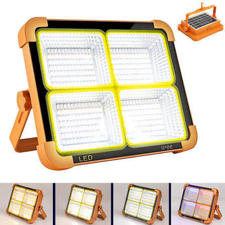 Refletor LED Solar Portátil Recarregável 4 Módulos IP66 – Holofote de Emergência Multifuncional com Sinalização Vermelha e Azul