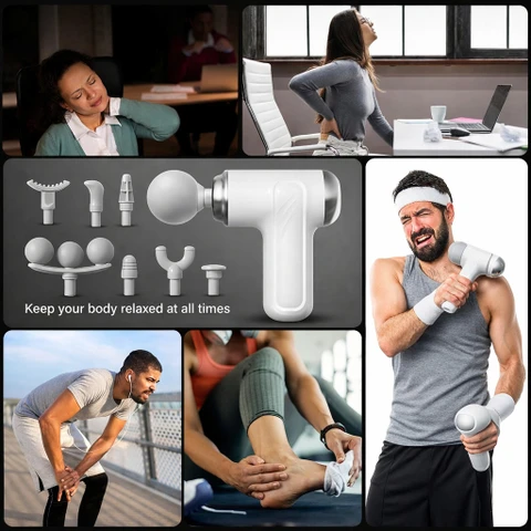 Pistola de Massagem Corporal Elétrica Fascial Gun com 8 Ponteiras Intercambiáveis e Motor Silencioso - Branco
