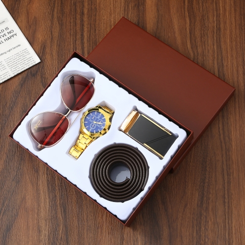 Kit Presente Masculino de Luxo 4 Peças – Relógio Analógico Dourado, Óculos de Sol Aviador, Cinto Social de Couro e Fivela Automática em Caixa Executiva