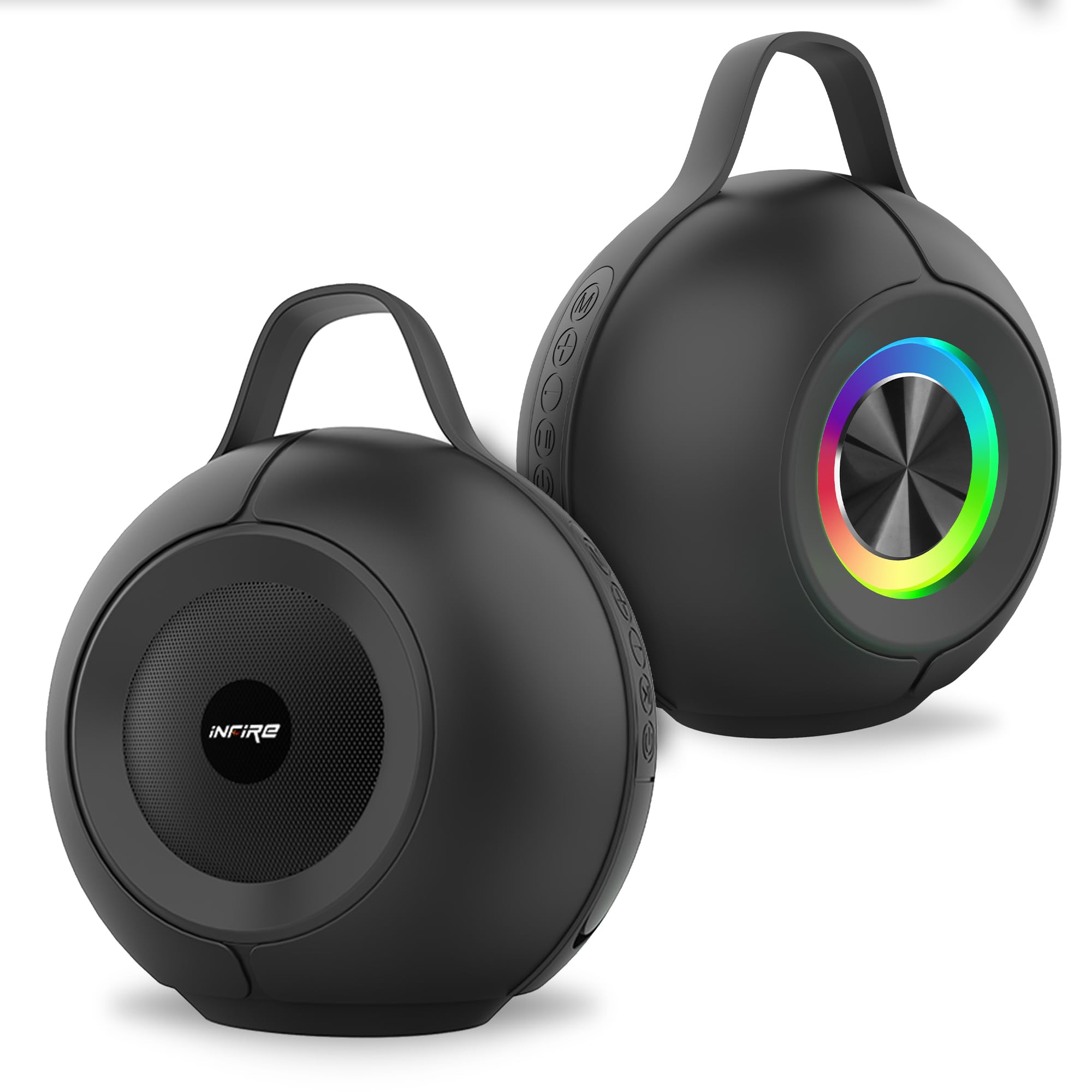 Caixa de Som Portátil Bluetooth INFIRE Esférica com Luzes LED RGB Dinâmicas, Radiador Passivo de Graves e Alça de Transporte – Cor Preta - Image 4