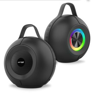 Caixa de Som Portátil Bluetooth INFIRE Esférica com Luzes LED RGB Dinâmicas, Radiador Passivo de Graves e Alça de Transporte – Cor Preta