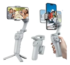 Gimbal Estabilizador de Imagem Portátil de 3 Eixos para Smartphone com Tripé Dobrável, Conexão Bluetooth e Joystick de Controle – Cor Cinza
