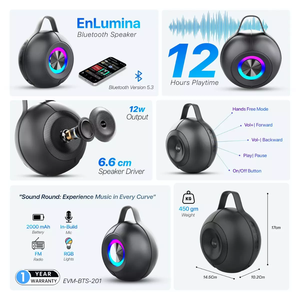 Caixa de Som Portátil Bluetooth INFIRE Esférica com Luzes LED RGB Dinâmicas, Radiador Passivo de Graves e Alça de Transporte – Cor Preta - Image 2