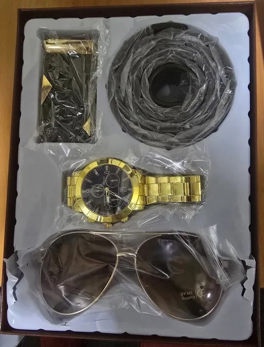 Kit Presente Masculino de Luxo 4 Peças – Relógio Analógico Dourado, Óculos de Sol Aviador, Cinto Social de Couro e Fivela Automática em Caixa Executiva - Image 2