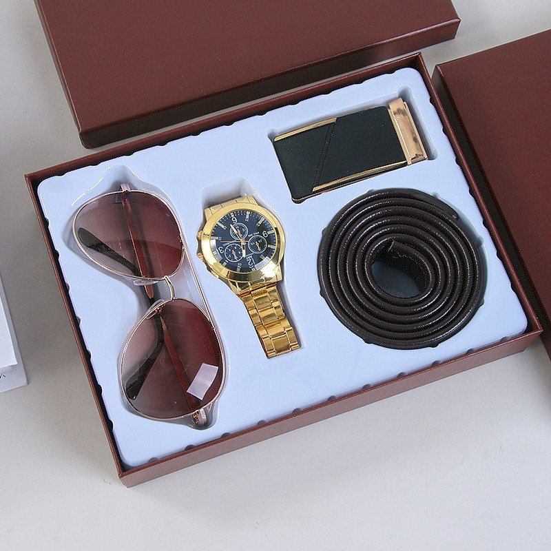 Kit Presente Masculino de Luxo 4 Peças – Relógio Analógico Dourado, Óculos de Sol Aviador, Cinto Social de Couro e Fivela Automática em Caixa Executiva - Image 3